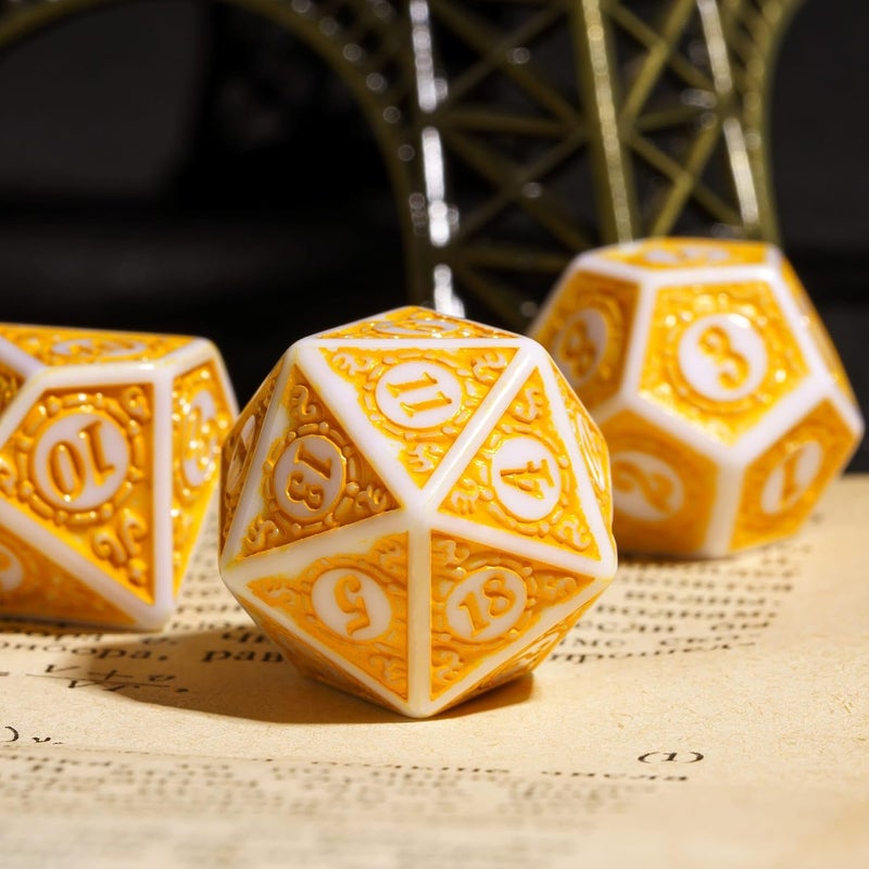 Poludie 7PCs DND Dice Set, Unique Window Lattice Pattern D&D Dice Set with Leather Die Bag, Polyhedral Die for RPG Table Games (Yellow/White) - Image 2
